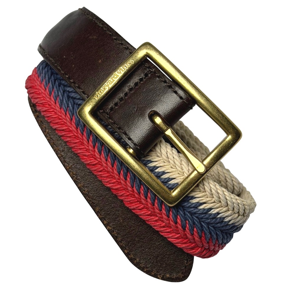 Vineyard Vines Mens Braided Woven Belt Sz‎ 30 USA Red White Blue w/ Leather Trim